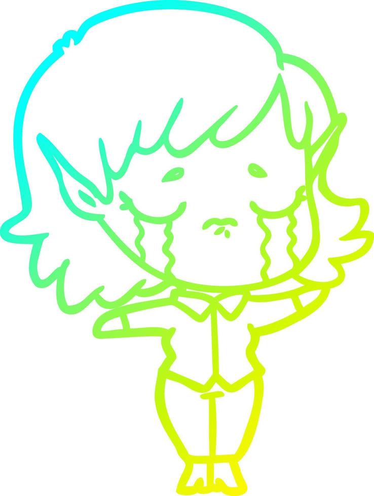 cold gradient line drawing cartoon crying elf girl vector