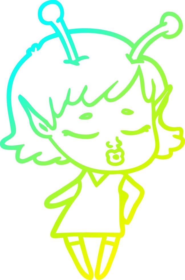 cold gradient line drawing cute alien girl cartoon vector