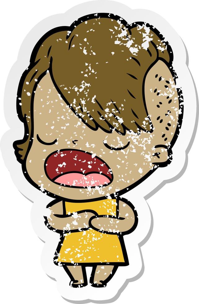 distressed sticker of a cartoon cool hipster girl talking vector