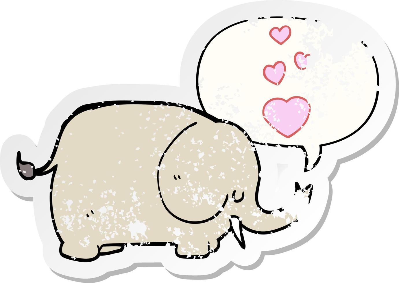 cute cartoon elephant and love hearts and speech bubble distressed sticker vector