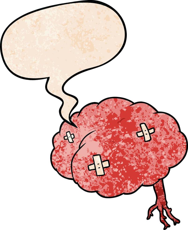 cerebro lesionado de dibujos animados y burbuja del habla en estilo de textura retro vector