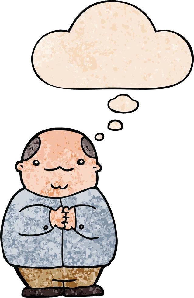 cartoon balding man and thought bubble in grunge texture pattern style vector