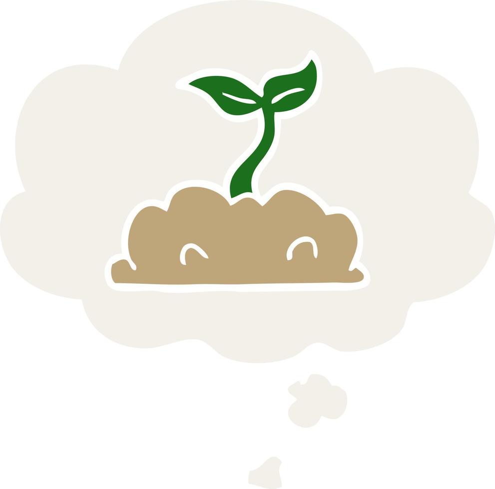 cartoon growing seedling and thought bubble in retro style vector