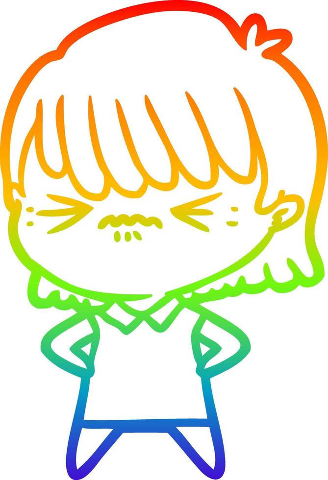 rainbow gradient line drawing annoyed cartoon girl vector