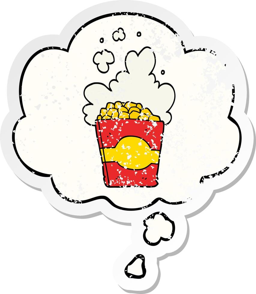 cartoon popcorn and thought bubble as a distressed worn sticker vector