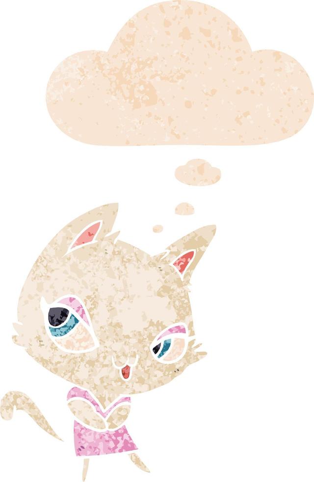cartoon female cat and thought bubble in retro textured style vector