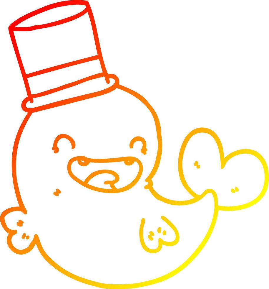 warm gradient line drawing cartoon laughing whale with top hat vector
