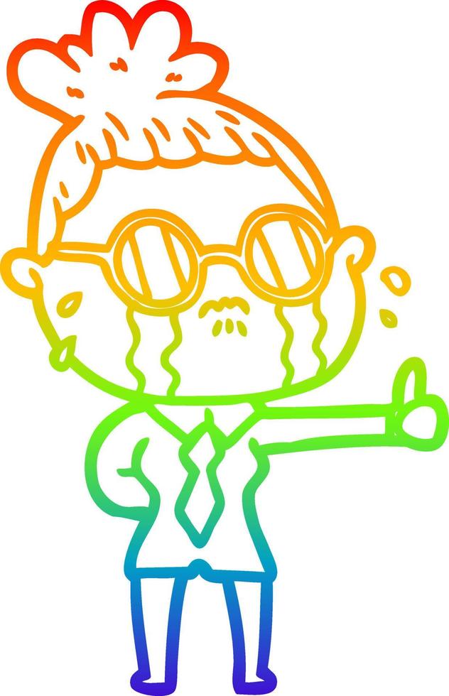 rainbow gradient line drawing cartoon crying woman wearing spectacles vector