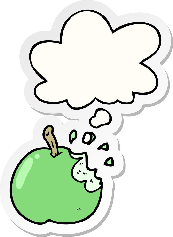 manzana mordida de dibujos animados y burbuja de pensamiento como pegatina impresa vector