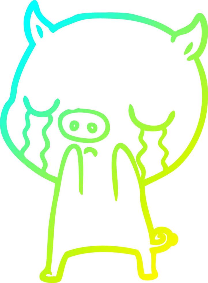 cold gradient line drawing cartoon pig crying vector