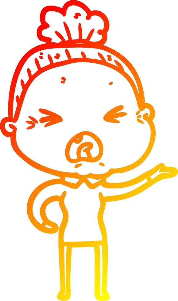 warm gradient line drawing cartoon angry old woman vector