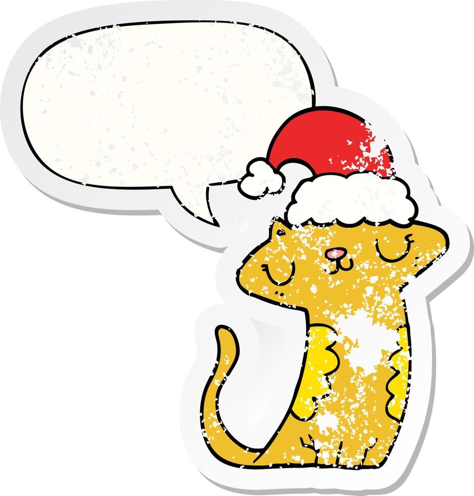 cute cartoon cat wearing christmas hat and speech bubble distressed sticker vector