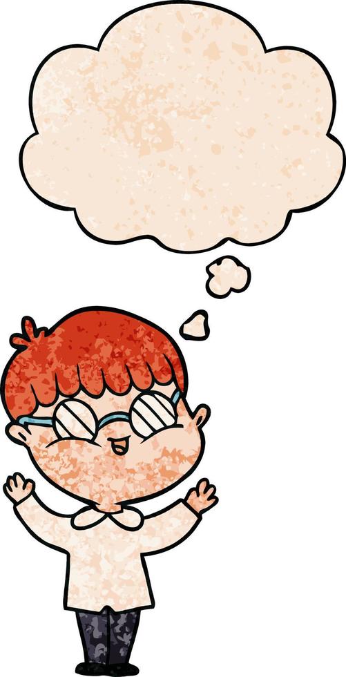 cartoon boy wearing spectacles and thought bubble in grunge texture pattern style vector