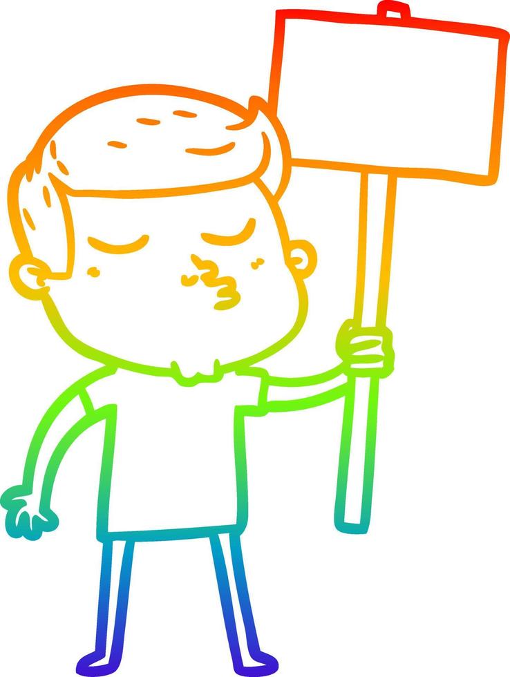 rainbow gradient line drawing cartoon model guy pouting with sign vector