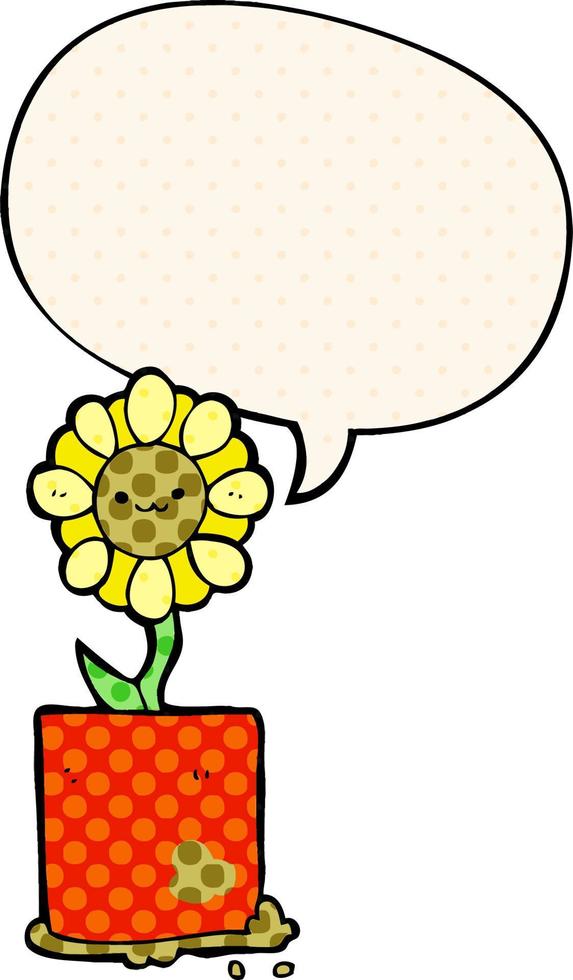 cute cartoon flower and speech bubble in comic book style vector