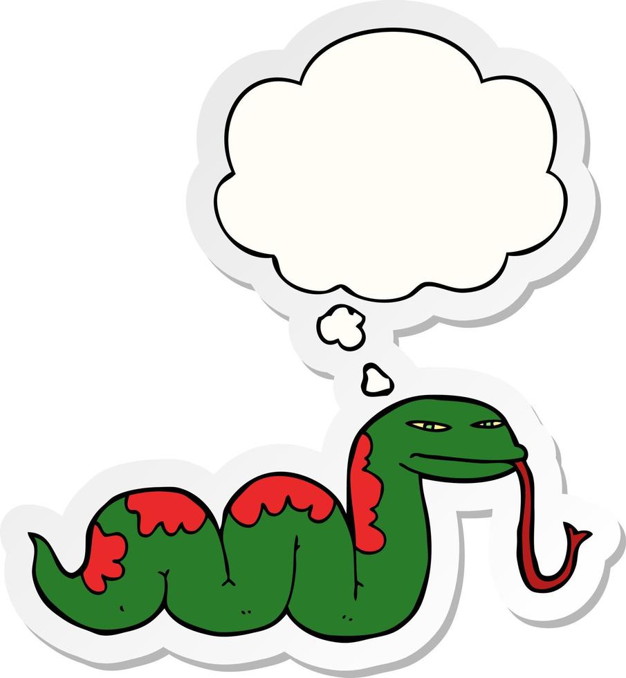 cartoon slithering snake and thought bubble as a printed sticker vector