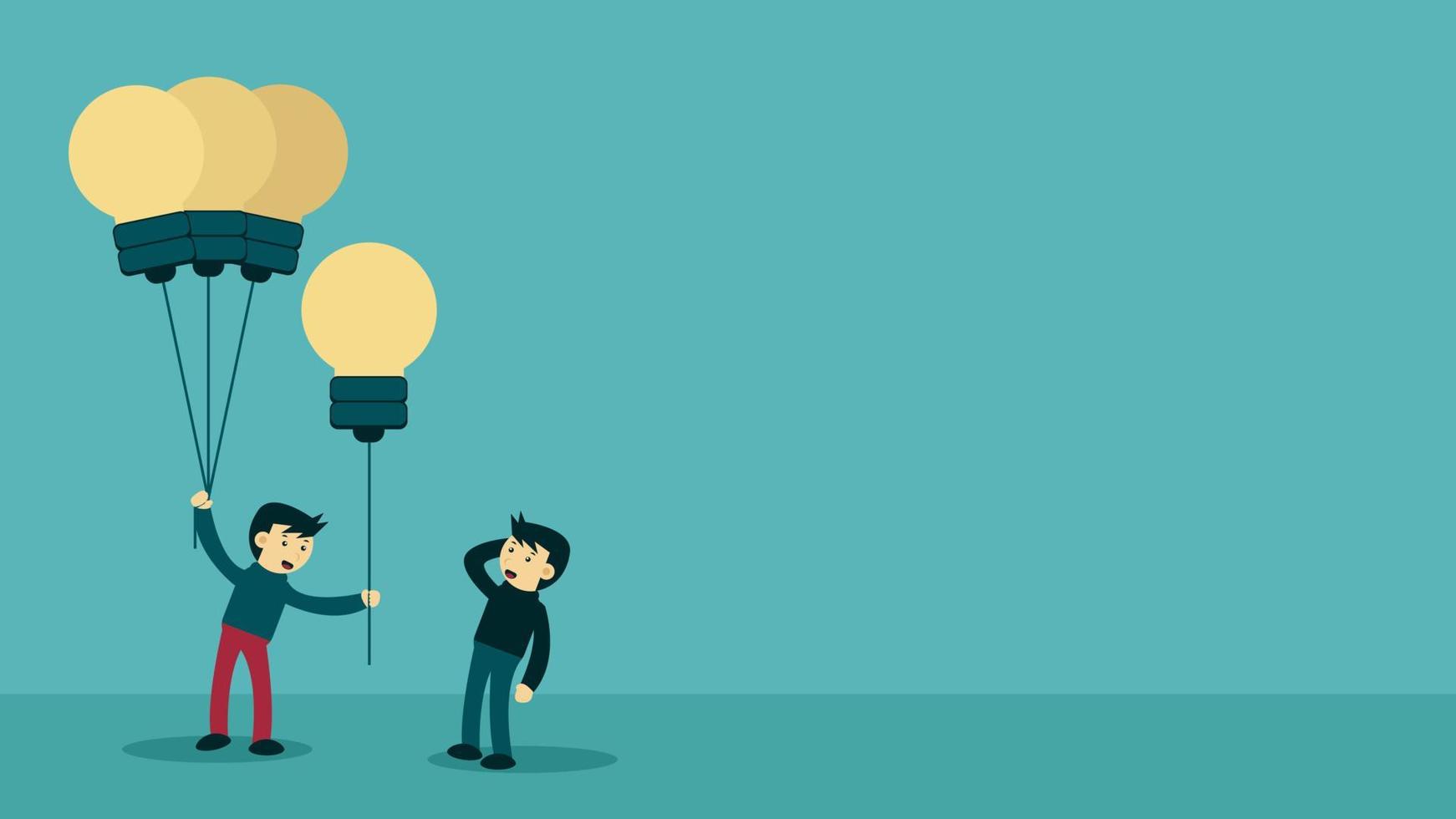 Share and Educate. Illustration of male share his bulb lamp balloon to his friend. Suitable for education and motivation content about business, finance, marketing strategy, etc. vector