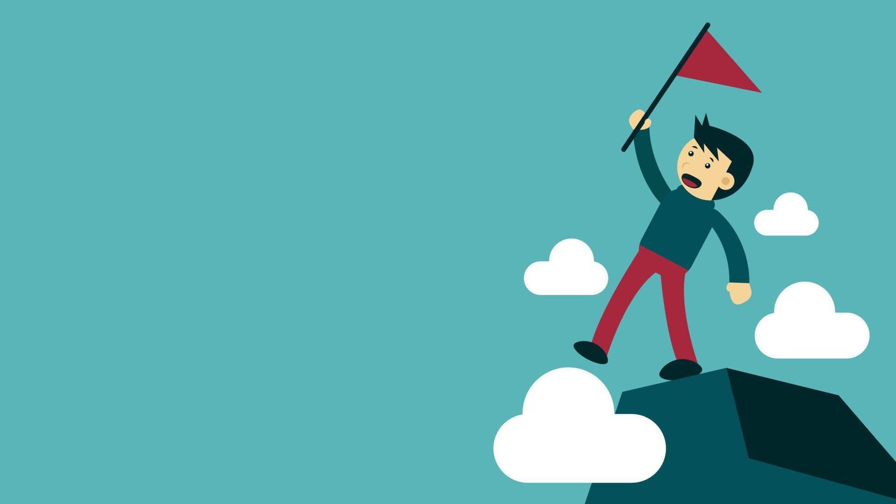 Illustration vector graphic male cartoon character wave the flag over the top of the mountain. Describes success in achieving goals.
