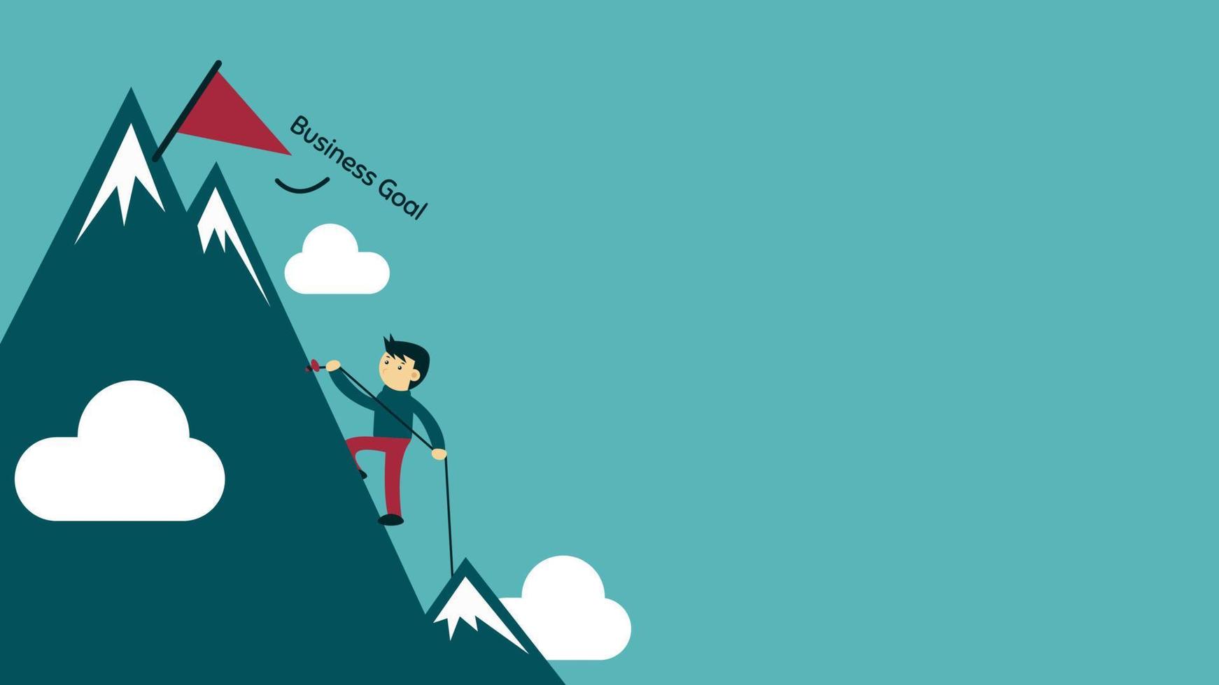 Male Character Climb a Mountain to The Sky. Describe a success process in his business goal. vector