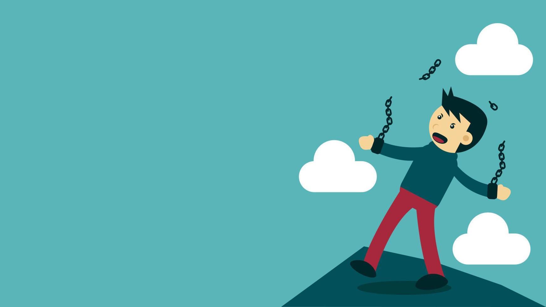 illustration vector graphic male cartoon character breaking a chain. Describe a financial freedom in business, etc.