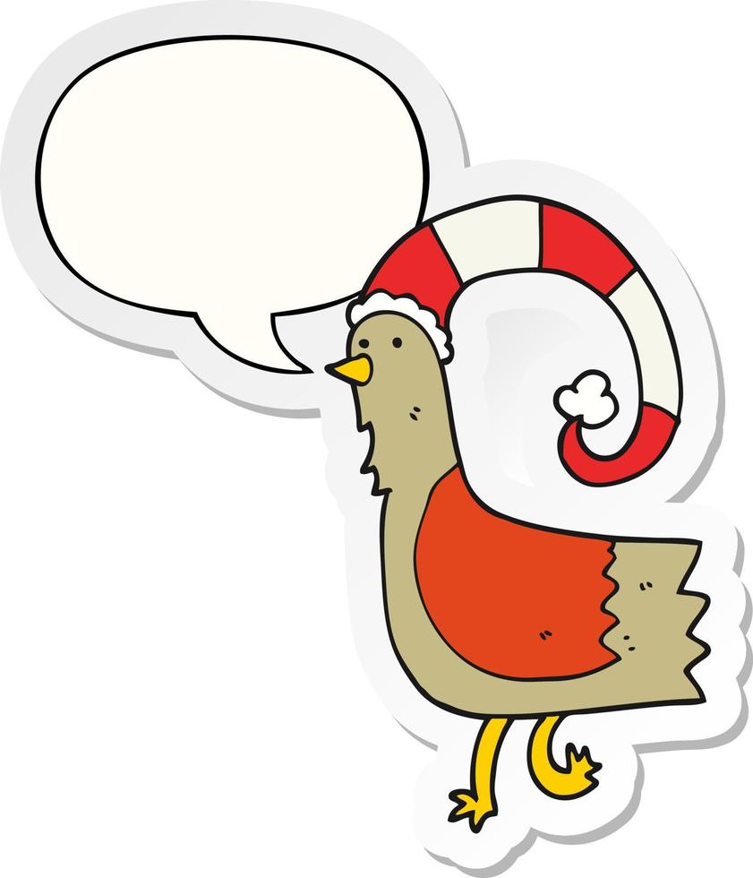 caroton chicken in funny christmas hat and speech bubble sticker vector