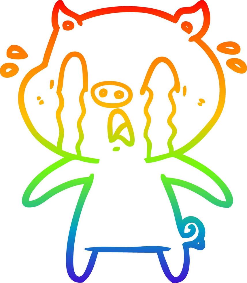 rainbow gradient line drawing crying pig cartoon vector