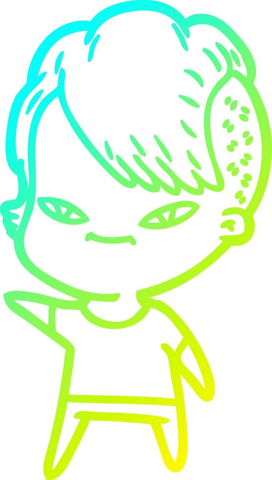 cold gradient line drawing cute cartoon girl with hipster haircut vector