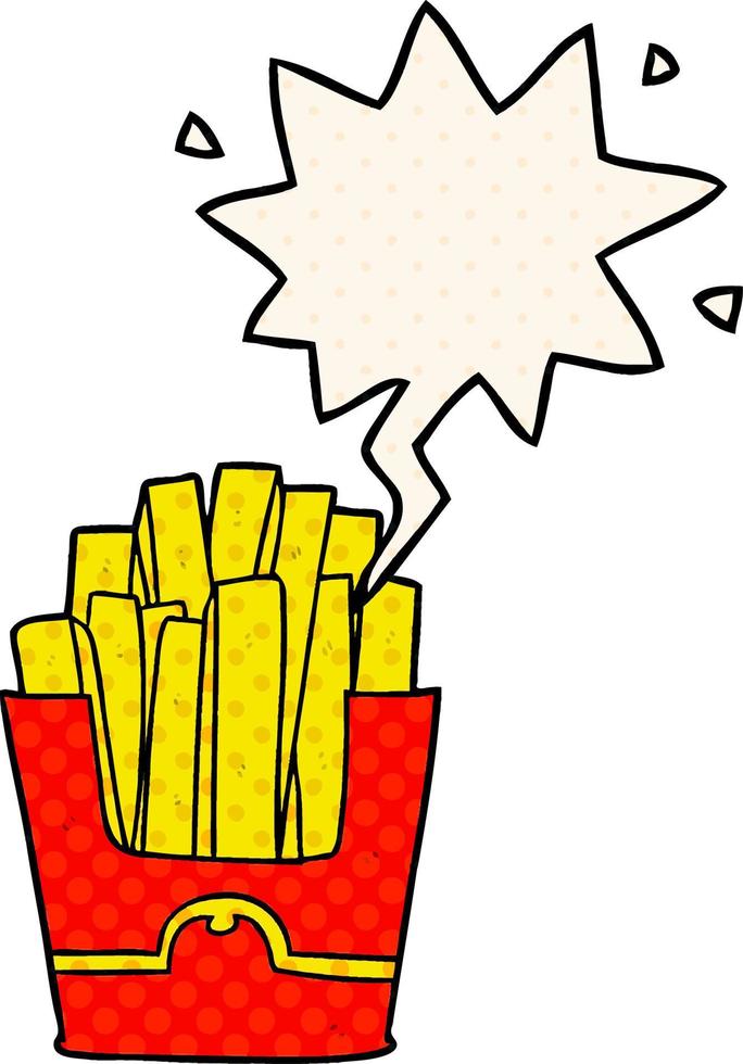 cartoon junk food fries and speech bubble in comic book style vector