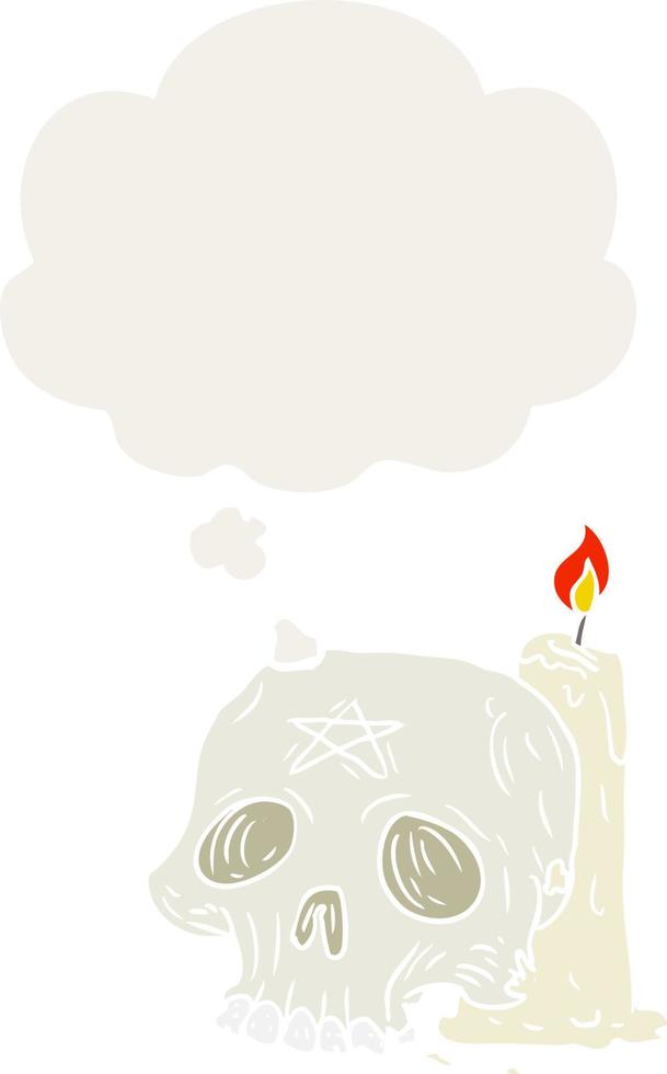 cartoon spooky skull and candle and thought bubble in retro style vector