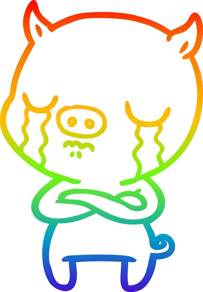 rainbow gradient line drawing cartoon pig crying vector