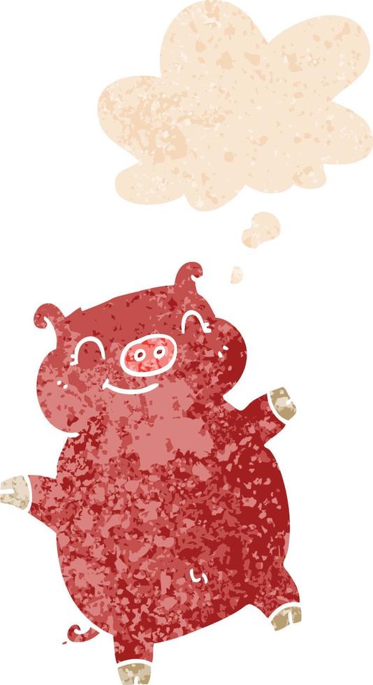 cartoon pig and thought bubble in retro textured style vector