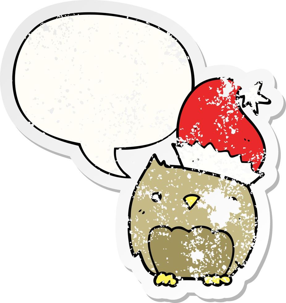 cute christmas owl and speech bubble distressed sticker vector