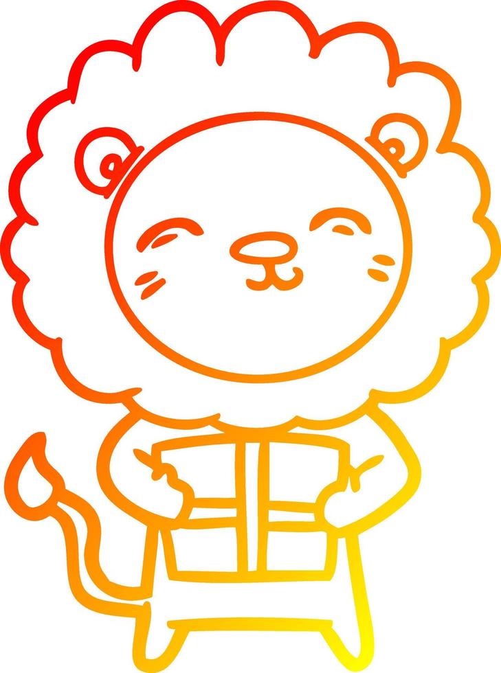 warm gradient line drawing cartoon lion with christmas present vector
