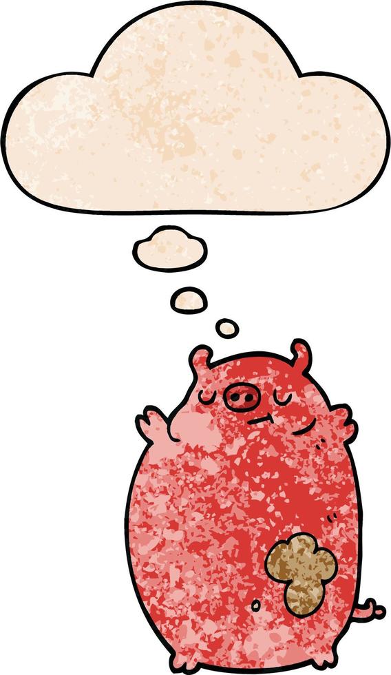 cartoon fat pig and thought bubble in grunge texture pattern style vector