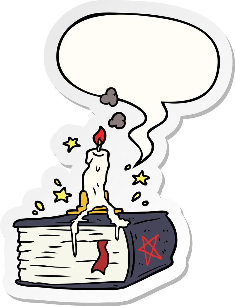 cartoon spooky spellbook and dribbling candle and speech bubble sticker vector