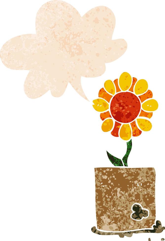 cartoon flower and speech bubble in retro textured style vector