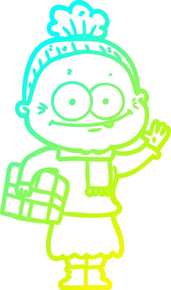 cold gradient line drawing cartoon happy old woman vector