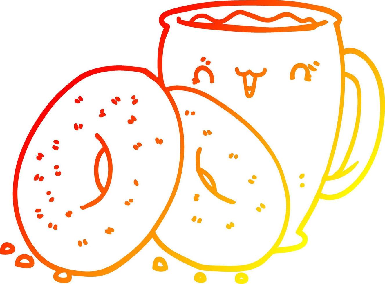 warm gradient line drawing cartoon coffee and donuts vector