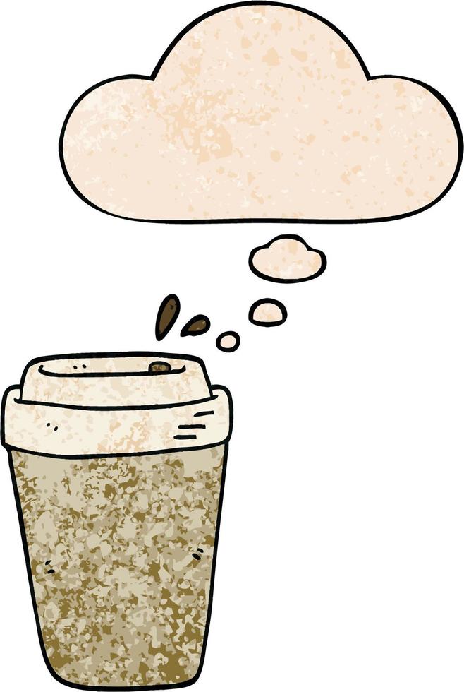 caricatura, taza de café, y, pensamiento, burbuja, en, grunge, textura, patrón, estilo vector
