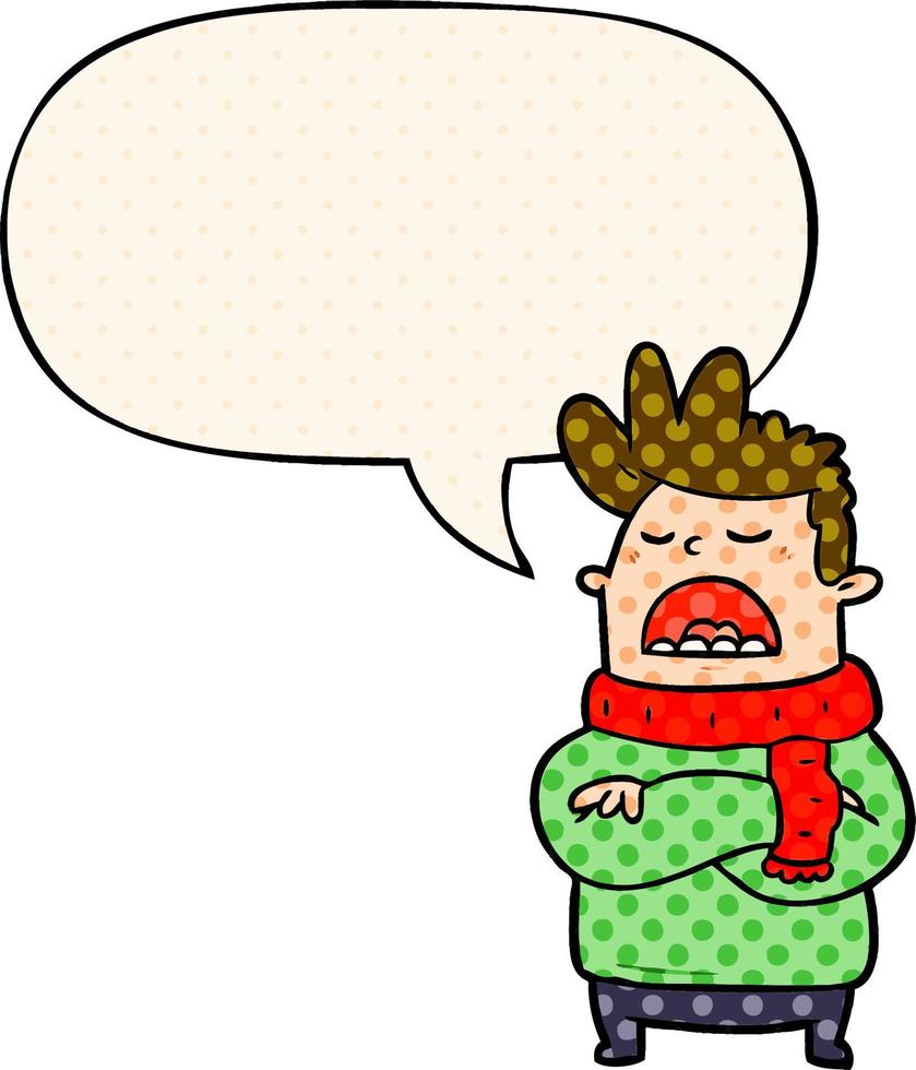 cartoon obnoxious man in winter clothes and speech bubble in comic book style vector