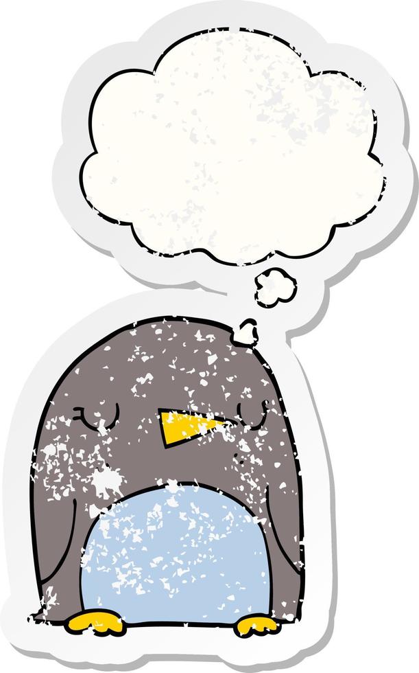 cartoon penguin and thought bubble as a distressed worn sticker vector