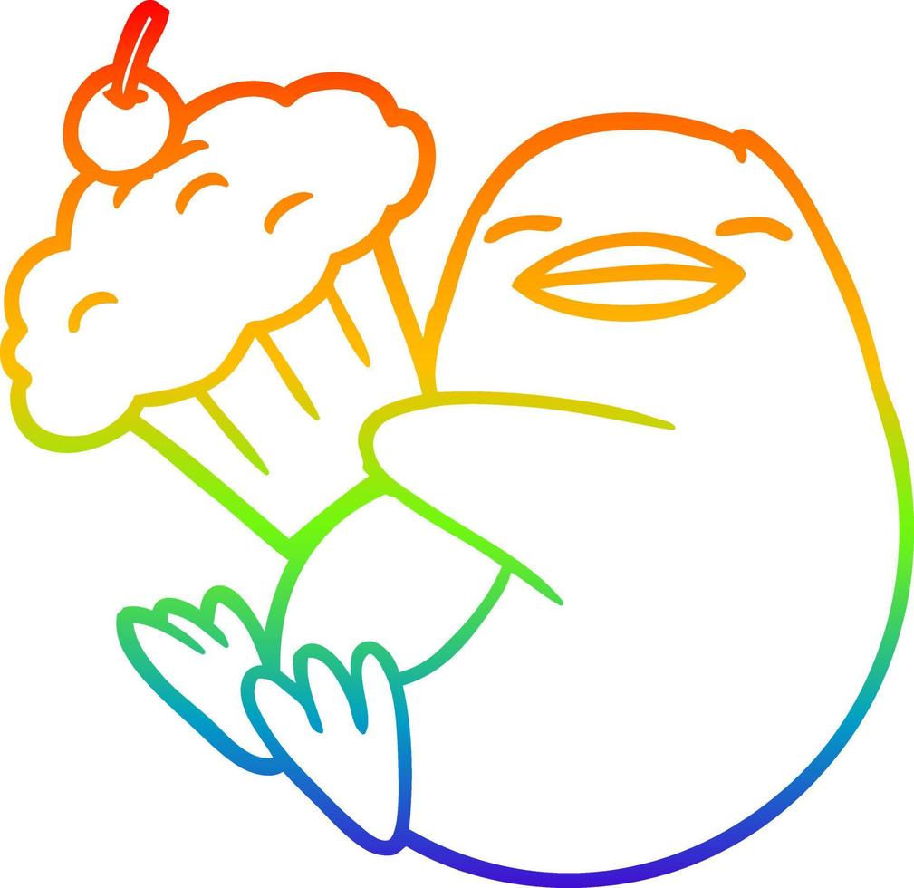 rainbow gradient line drawing cartoon penguin with cupcake vector