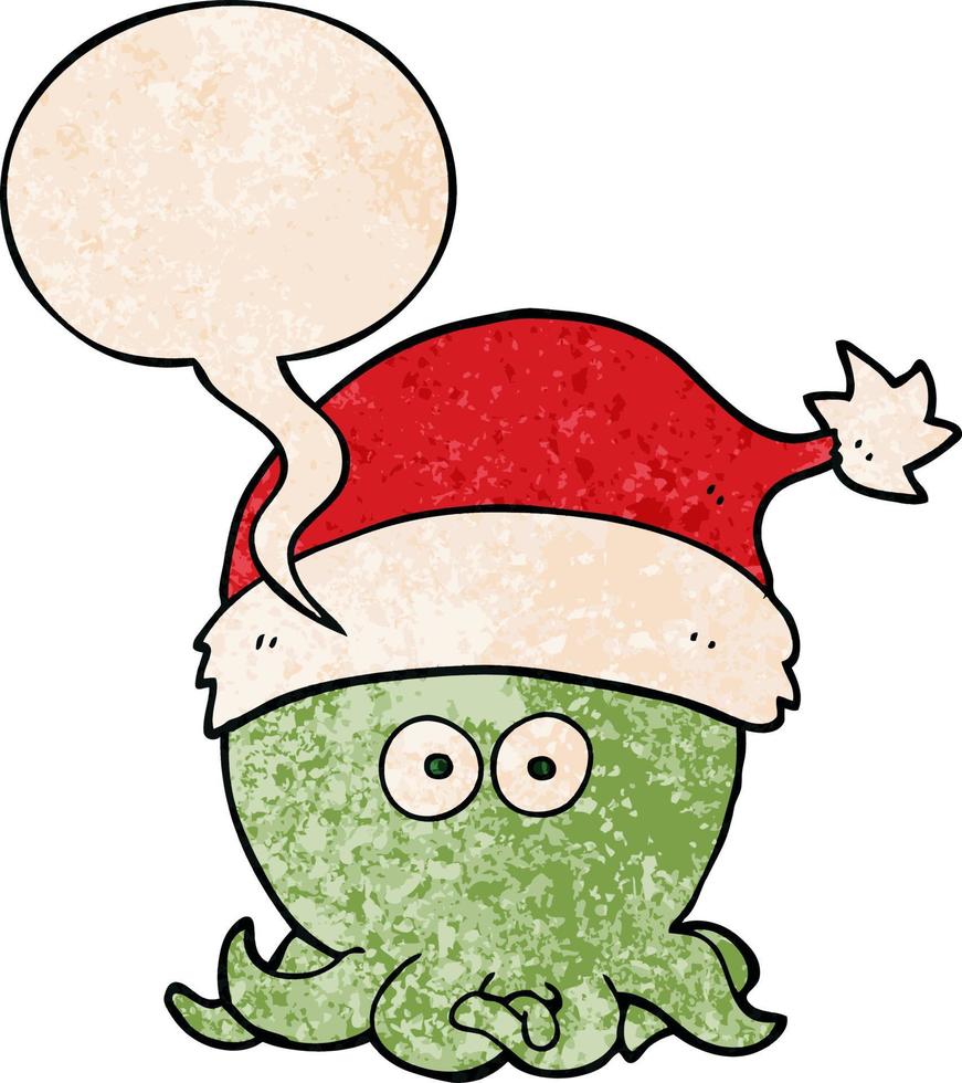 cartoon octopus wearing christmas hat and speech bubble in retro texture style vector