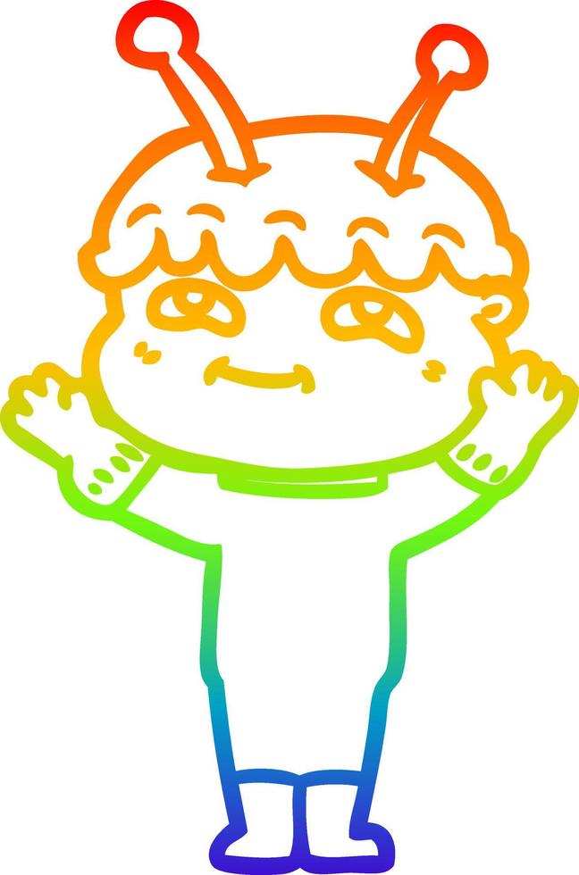 rainbow gradient line drawing friendly cartoon spaceman waving vector