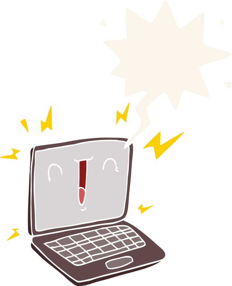 cartoon laptop computer and speech bubble in retro style vector