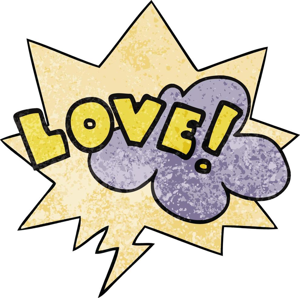 cartoon word love and speech bubble in retro texture style vector