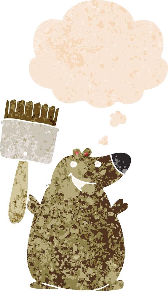 cartoon bear with paint brush and thought bubble in retro textured style vector