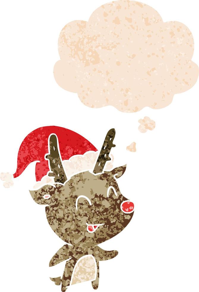 cartoon christmas reindeer and thought bubble in retro textured style vector