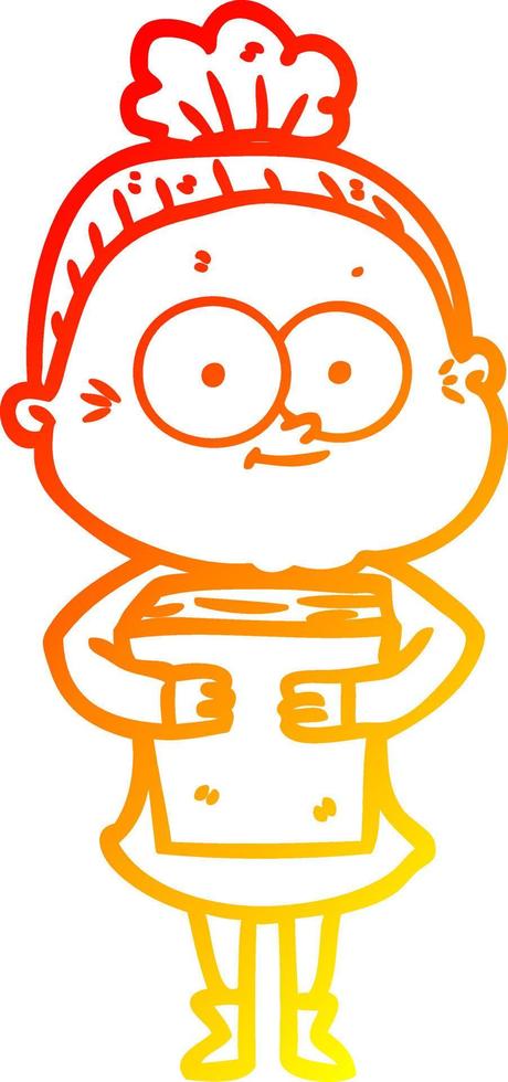 warm gradient line drawing cartoon happy old woman vector