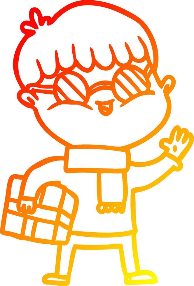 warm gradient line drawing cartoon boy wearing spectacles carrying gift vector